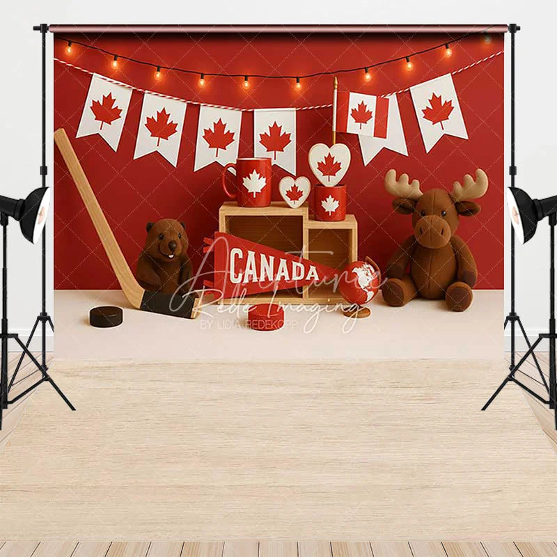 Aperturee - Aperturee Red and White Canadian Maple Leaf Combo Set Backdrop Featuring Beaver Moose Hockey and Canada Pennant