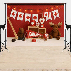 Aperturee - Aperturee Red and White Canadian Maple Leaf Combo Set Backdrop Featuring Beaver Moose Hockey and Canada Pennant