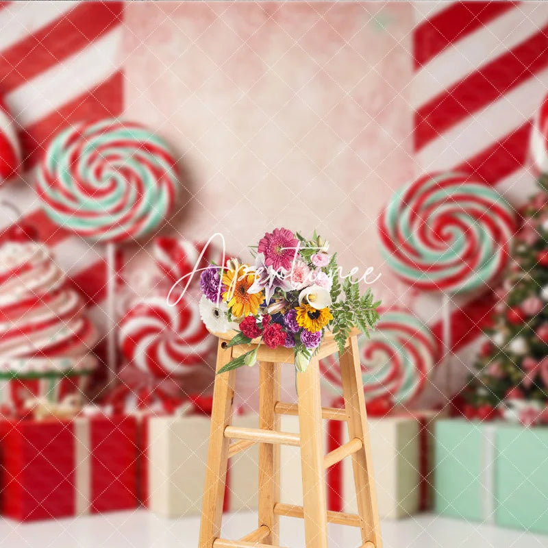 Aperturee - Aperturee Red and White Candy Cane Christmas Tree Holiday Backdrop Sweet Lollipop Gift Box Party Decor