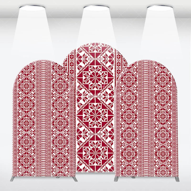 Aperturee - Aperturee Red and White Folk Art Geometric Pattern Arch Backdrop Kit Traditional Pixelated Design for Holiday Events