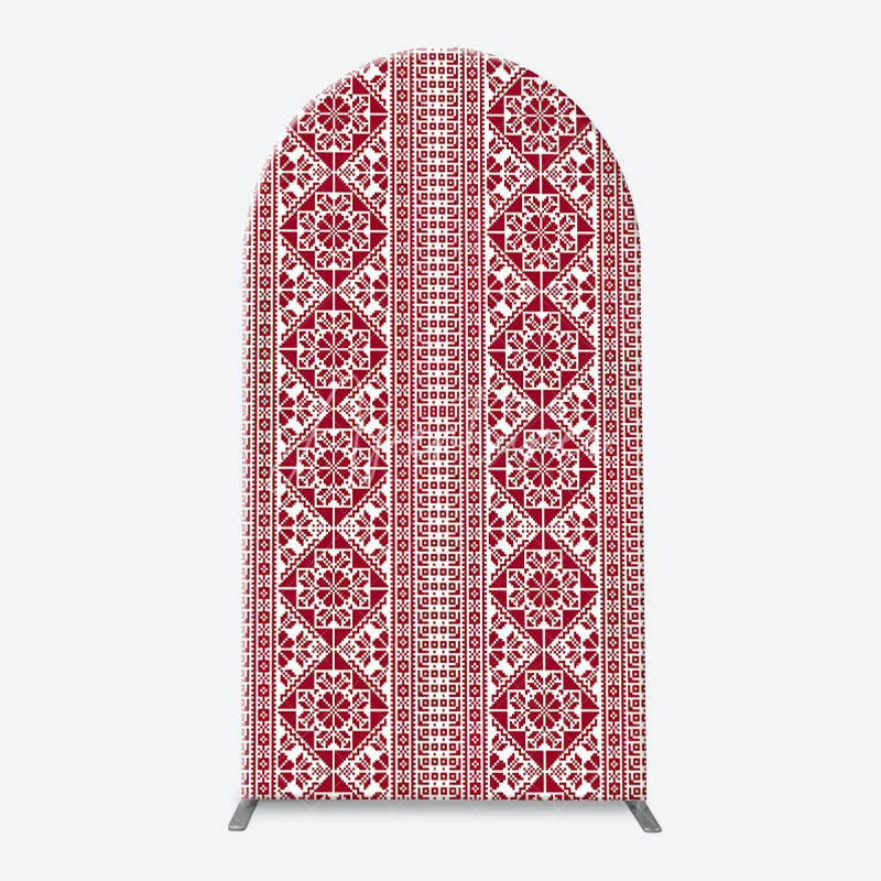 Aperturee - Aperturee Red and White Folk Art Geometric Pattern Arch Backdrop Kit Traditional Pixelated Design for Holiday Events