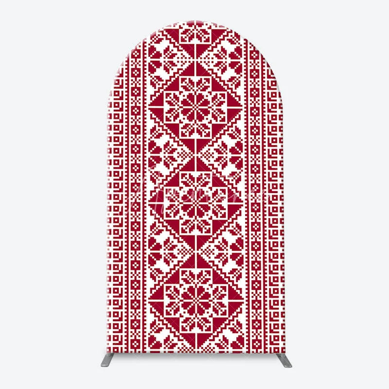 Aperturee - Aperturee Red and White Folk Art Geometric Pattern Arch Backdrop Kit Traditional Pixelated Design for Holiday Events