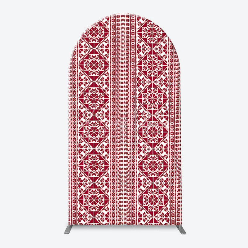 Aperturee - Aperturee Red and White Folk Art Geometric Pattern Arch Backdrop Kit Traditional Pixelated Design for Holiday Events