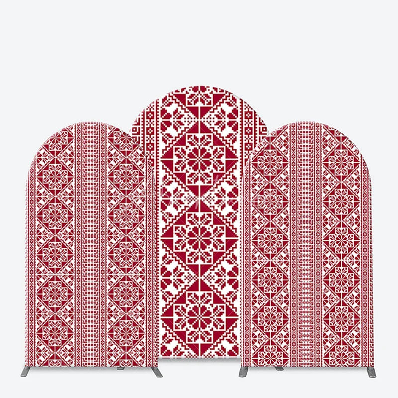 Aperturee - Aperturee Red and White Folk Art Geometric Pattern Arch Backdrop Kit Traditional Pixelated Design for Holiday Events