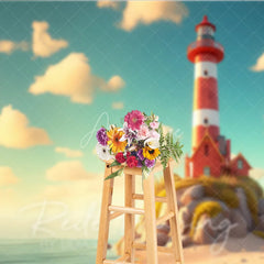 Aperturee - Aperturee Red and White Lighthouse Summer Photography Backdrop Ocean Rocks and Clouds Studio Background
