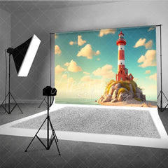 Aperturee - Aperturee Red and White Lighthouse Summer Photography Backdrop Ocean Rocks and Clouds Studio Background