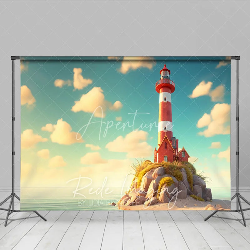 Aperturee - Aperturee Red and White Lighthouse Summer Photography Backdrop Ocean Rocks and Clouds Studio Background