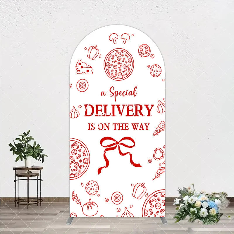 Aperturee - Aperturee Red and White Pizza Delivery Round Top Arch Backdrop Fun Baby Shower Birthday Party Decor.