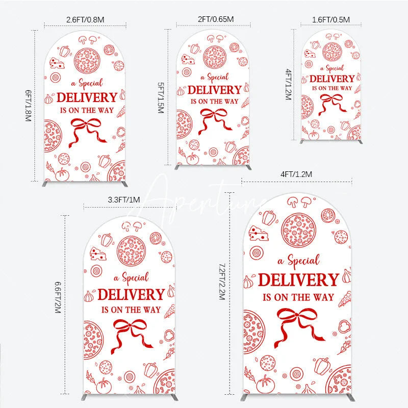 Aperturee - Aperturee Red and White Pizza Delivery Round Top Arch Backdrop Fun Baby Shower Birthday Party Decor.