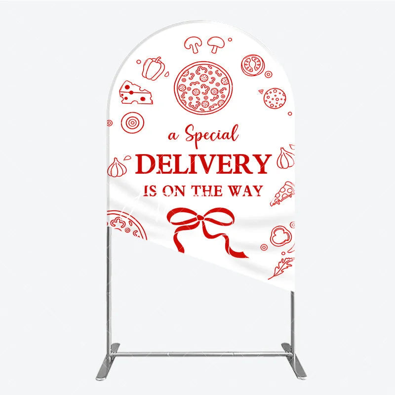 Aperturee - Aperturee Red and White Pizza Delivery Round Top Arch Backdrop Fun Baby Shower Birthday Party Decor.