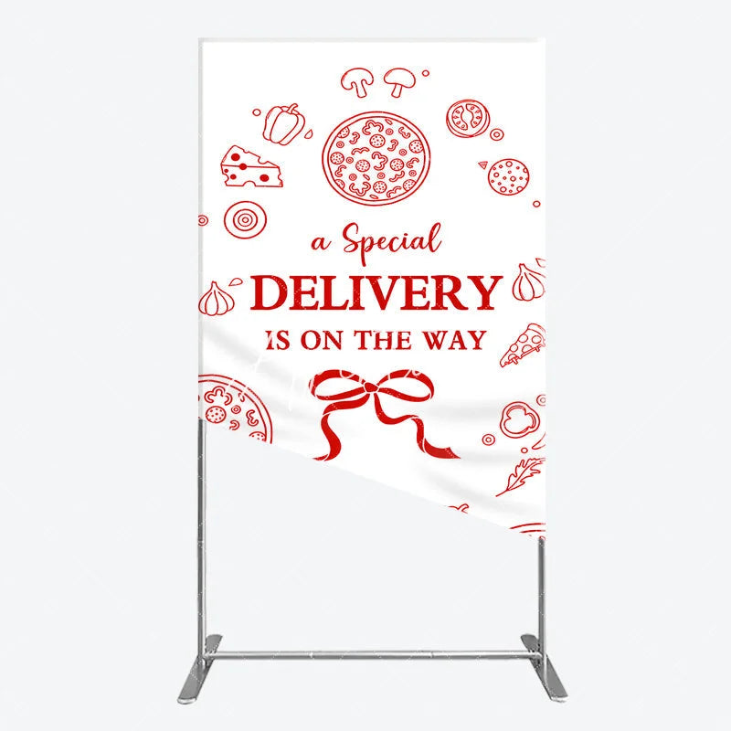 Aperturee - Aperturee Red and White Pizza Special Delivery Is On The Way Rectangle Arch Backdrop Food Themed Baby Shower Party Decor