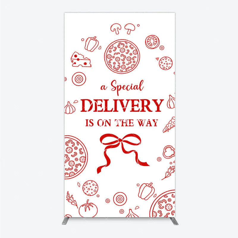 Aperturee - Aperturee Red and White Pizza Special Delivery Is On The Way Rectangle Arch Backdrop Food Themed Baby Shower Party Decor
