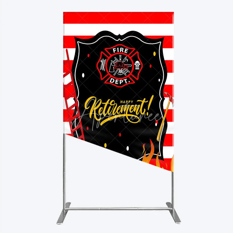 Aperturee - Aperturee Red and White Striped Fire Rescue Happy Retirement Rectangle Backdrop Heroic Celebration Party Decor with Flames