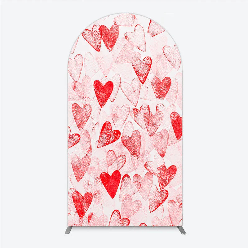 Aperturee - Aperturee Red and White Textured Hearts Pattern Round Top Arch Backdrop Perfect for Romantic Love Theme Parties