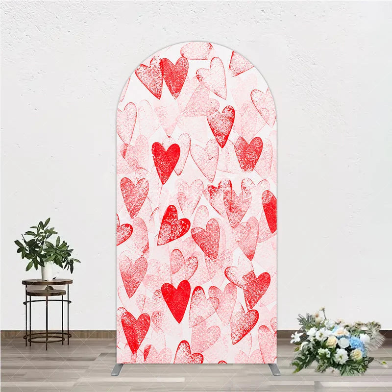 Aperturee - Aperturee Red and White Textured Hearts Pattern Round Top Arch Backdrop Perfect for Romantic Love Theme Parties