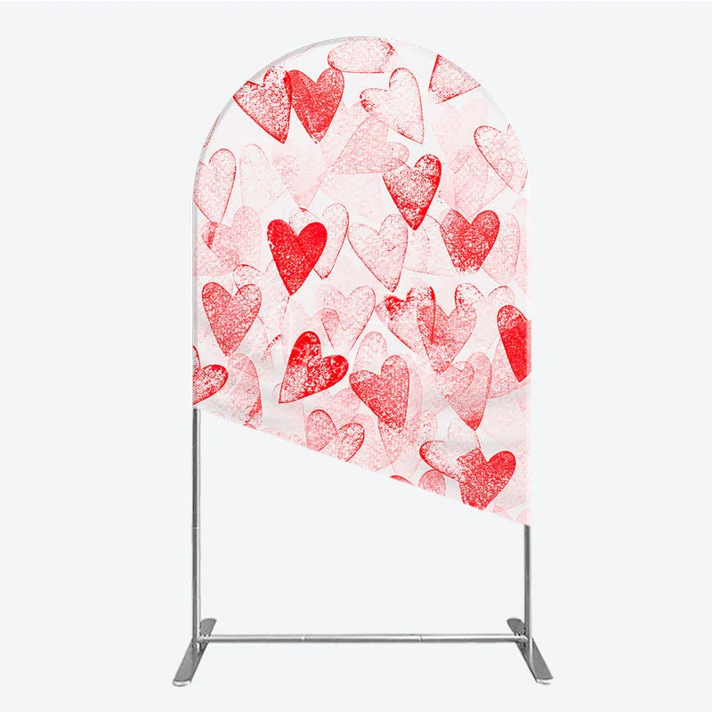 Aperturee - Aperturee Red and White Textured Hearts Pattern Round Top Arch Backdrop Perfect for Romantic Love Theme Parties