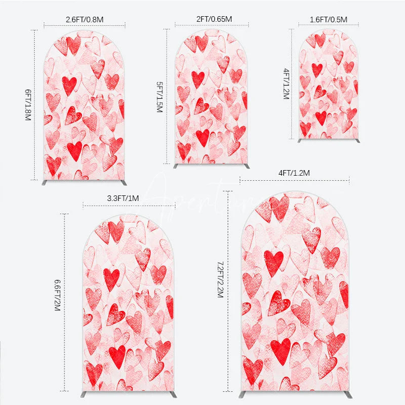 Aperturee - Aperturee Red and White Textured Hearts Pattern Round Top Arch Backdrop Perfect for Romantic Love Theme Parties