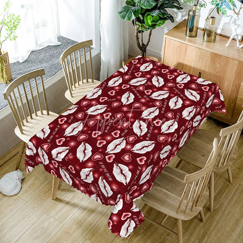Aperturee - Aperturee Red Background White Kiss Lip Rectangle Tablecloth I Love You Text Print Romantic Valentine Dining Decor
