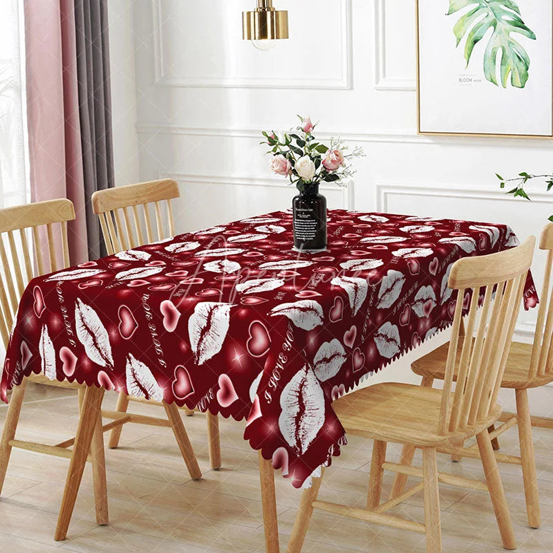 Aperturee - Aperturee Red Background White Kiss Lip Rectangle Tablecloth I Love You Text Print Romantic Valentine Dining Decor