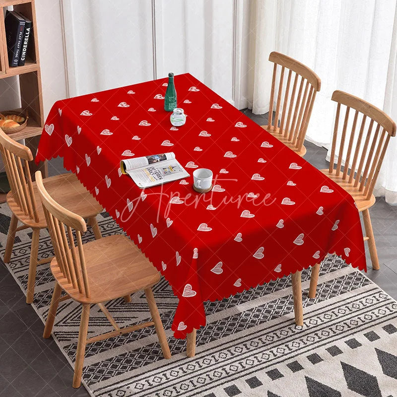 Aperturee - Aperturee Red Background White Sketch Heart Rectangle Tablecloth Hand Drawn Doodle Love Pattern Romantic Valentine Dining Decor