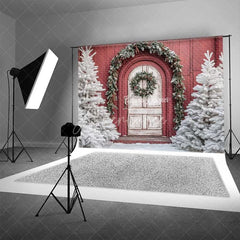 Aperturee - Aperturee Red Barn White Door Christmas Backdrop Snowy Tree Farmhouse Photography Background