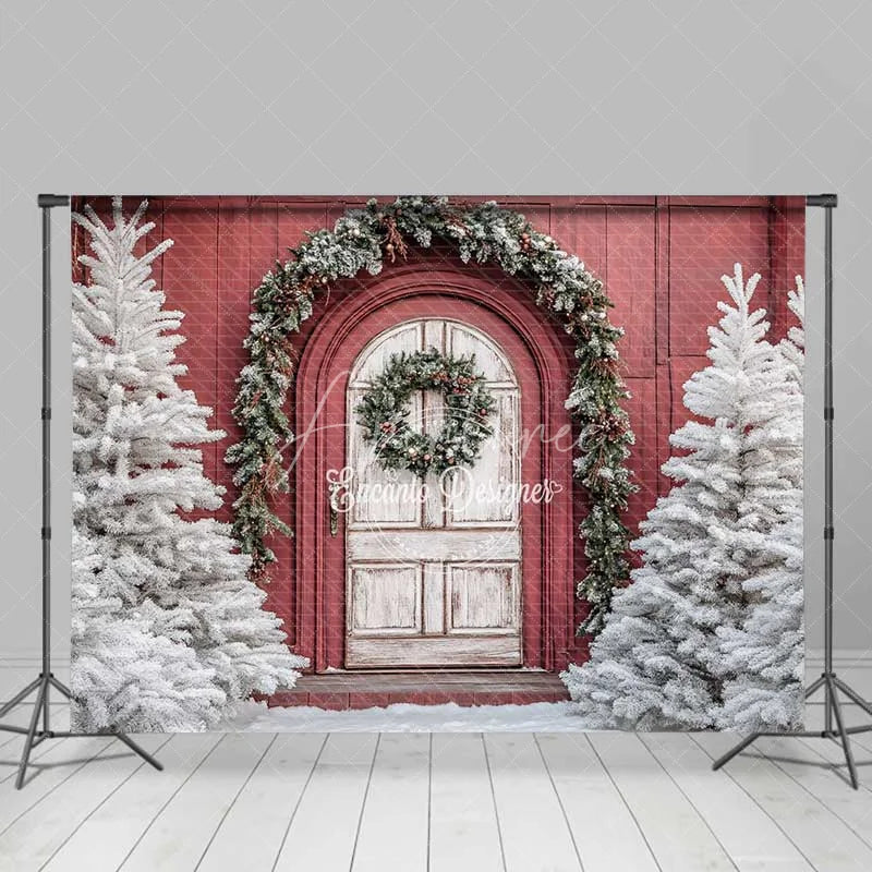 Aperturee - Aperturee Red Barn White Door Christmas Backdrop Snowy Tree Farmhouse Photography Background