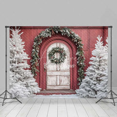 Aperturee - Aperturee Red Barn White Door Christmas Backdrop Snowy Tree Farmhouse Photography Background