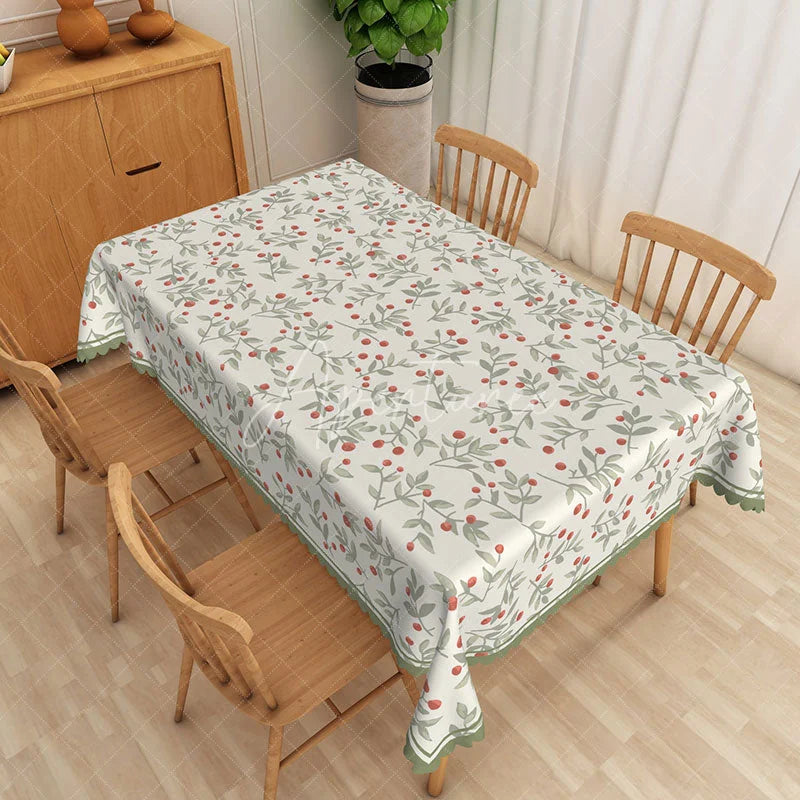 Aperturee - Aperturee Red Berries Green Leaves Pattern Rectangle Tablecloth Rustic Botanical Dining Room Decor Washable Kitchen Table Cover
