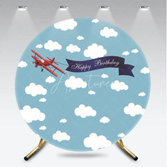 Aperturee - Aperturee Red Biplane with Happy Birthday Banner Round Backdrop Blue Sky and White Clouds Aviation Party Decor