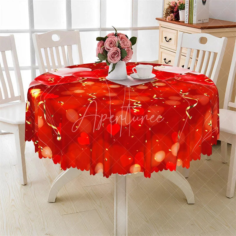 Aperturee - Aperturee Red Bokeh Gold Ribbon Round Tablecloth Festive Valentine Heart Table Cover for Dinner