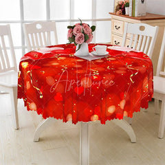 Aperturee - Aperturee Red Bokeh Gold Ribbon Round Tablecloth Festive Valentine Heart Table Cover for Dinner
