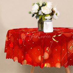 Aperturee - Aperturee Red Bokeh Gold Ribbon Round Tablecloth Festive Valentine Heart Table Cover for Dinner