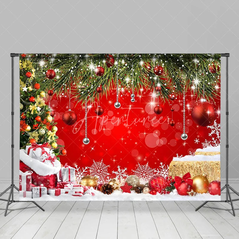 Aperturee - Aperturee Red Bokeh Pine Sequins Snow Christmas Backdrop