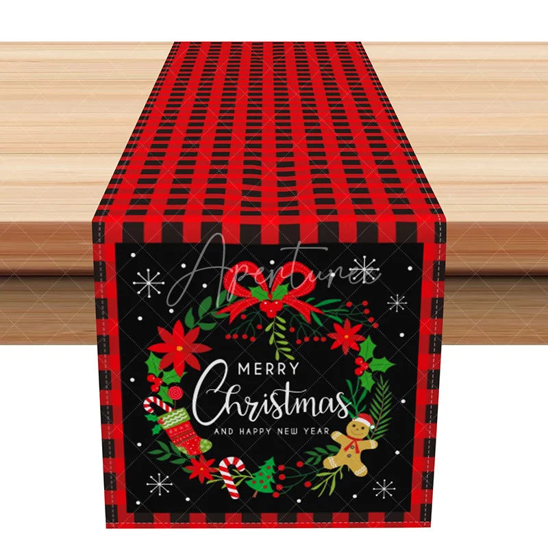 Aperturee - Aperturee Red Buffalo Plaid Christmas Table Runner ’Merry Christmas’ Wreath Farmhouse Holiday Dining Decor
