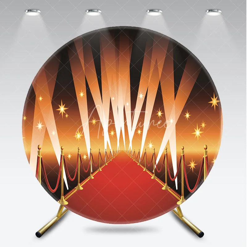 Aperturee - Aperturee Red Carpet Hollywood Round Backdrop VIP Runway with Spotlights and Stars Background Awards Night Birthday Party Decor
