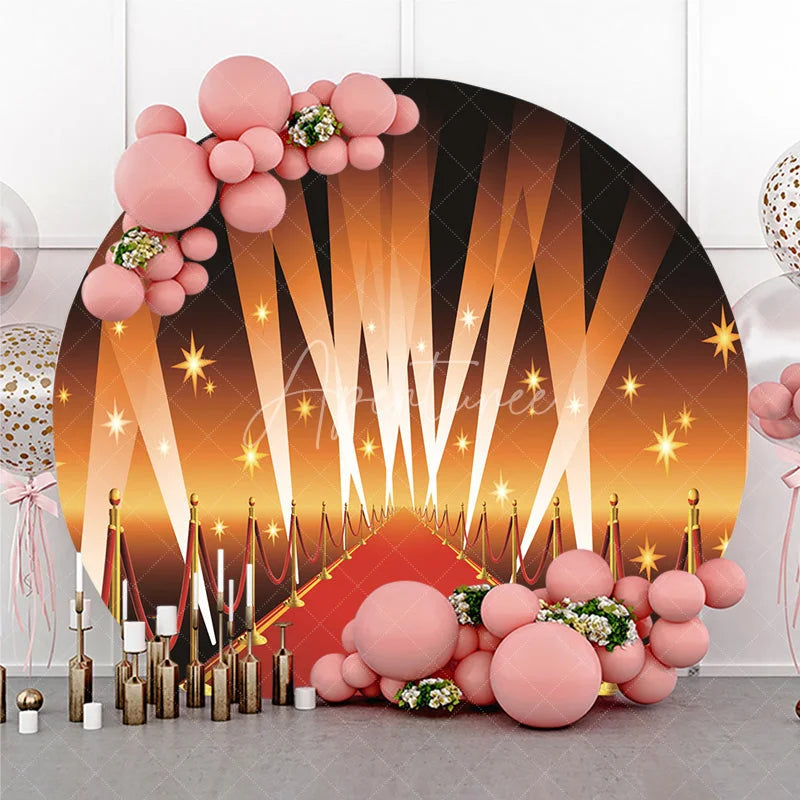 Aperturee - Aperturee Red Carpet Hollywood Round Backdrop VIP Runway with Spotlights and Stars Background Awards Night Birthday Party Decor