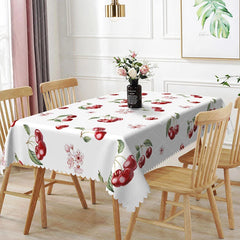 Aperturee - Aperturee Red Cherry and Blossom Rectangle Tablecloth Sweet Fruit and Floral Table Cover Farmhouse Kitchen Decor