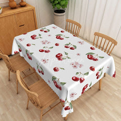 Aperturee - Aperturee Red Cherry and Blossom Rectangle Tablecloth Sweet Fruit and Floral Table Cover Farmhouse Kitchen Decor