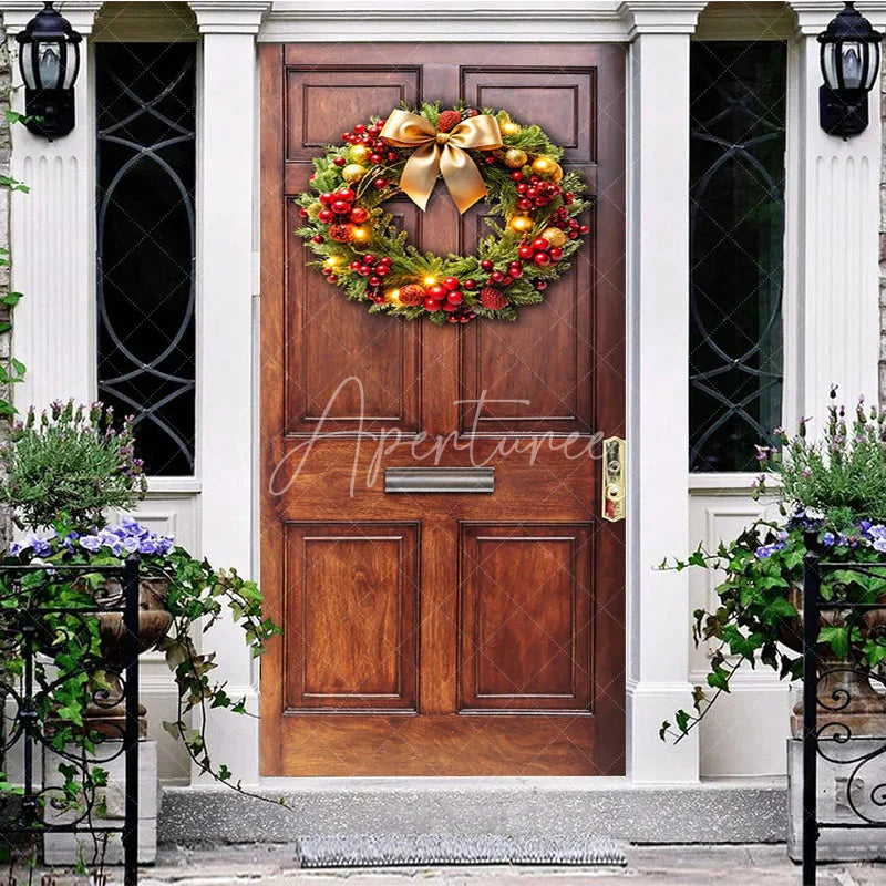 Aperturee - Aperturee Red Cherry Bowknot Wreath Wood Christmas Door Cover