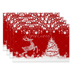 Aperturee - Aperturee Red Christmas Set of 4 Placemats White Lace Reindeer Xmas Tree Winter Holiday Table Mats Decor