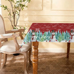 Aperturee - Aperturee Red Christmas Snowman and Pine Tree Rectangle Tablecloth Winter Snowflake Holiday Party Decoration