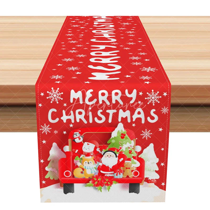 Aperturee - Aperturee Red Christmas Truck with Santa and Animals Table Runner Snowy Holiday Farmhouse Dining Decor