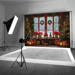 Aperturee - Aperturee Red Christmas Window Photography Backdrop Poinsettias and Wreaths with Snowy View Cozy Holiday Photo Background