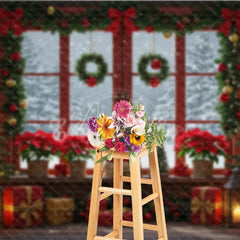Aperturee - Aperturee Red Christmas Window Photography Backdrop Poinsettias and Wreaths with Snowy View Cozy Holiday Photo Background