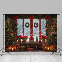 Aperturee - Aperturee Red Christmas Window Photography Backdrop Poinsettias and Wreaths with Snowy View Cozy Holiday Photo Background