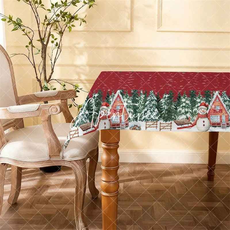Aperturee - Aperturee Red Christmas Winter Wonderland Rectangle Tablecloth with Snowmen Pine Trees and Cabins Snowflake Decor
