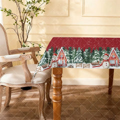 Aperturee - Aperturee Red Christmas Winter Wonderland Rectangle Tablecloth with Snowmen Pine Trees and Cabins Snowflake Decor