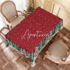 Aperturee - Aperturee Red Christmas Winter Wonderland Rectangle Tablecloth with Snowmen Pine Trees and Cabins Snowflake Decor