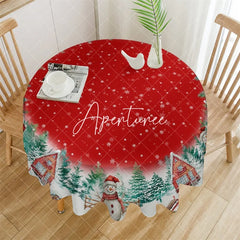 Aperturee - Aperturee Red Christmas Winter Wonderland Round Tablecloth featuring Snowflakes Pine Trees Houses and Snowmen Decor