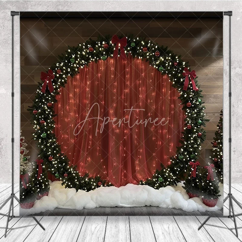 Aperturee - Aperturee Red Curtain Christmas Backdrop Round Wreath Arch Photography Background Winter Snow Floor Holiday Party Decoration